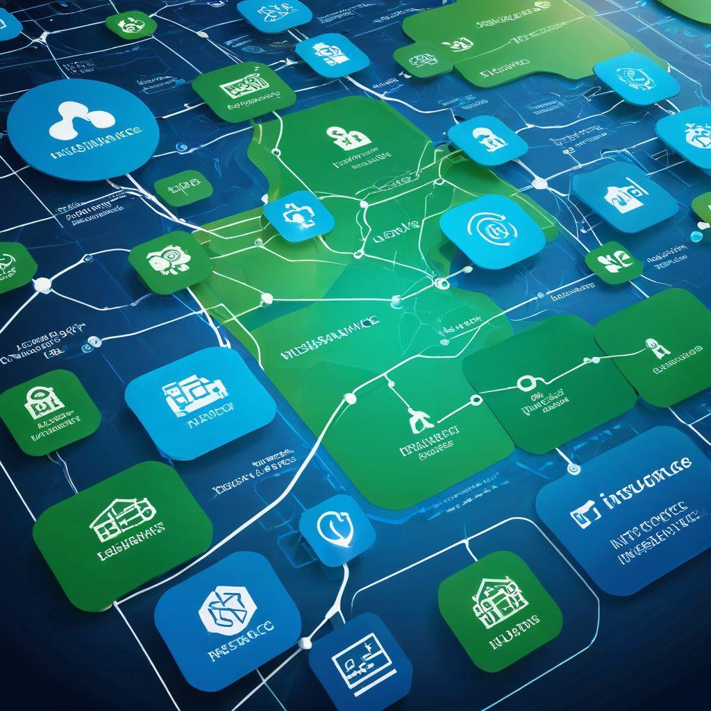 A detailed digital map featuring various insurance icons and pathways representing different types of coverage, costs, and claims. The map is overlaid with modern technology elements like circuit patterns and digital nodes, showing connections between various insurance options. Include symbols for health, life, auto, and property insurance. The background should be a sleek gradient of blues and greens to evoke a sense of technology and clarity. super-realistic. vibrant colors. 3D.