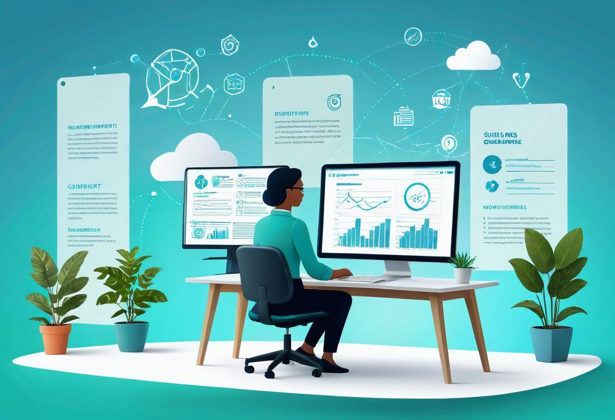 A serene digital landscape depicting a stylized insurance office with a friendly consultant assisting clients online. Incorporate elements like floating icons representing coverage, costs, and claims, surrounded by a calming color palette. Show charts and graphs illustrating growth and understanding in the background. The scene should convey a sense of clarity and empowerment in navigating online insurance. modern illustration. vibrant colors. 3D.