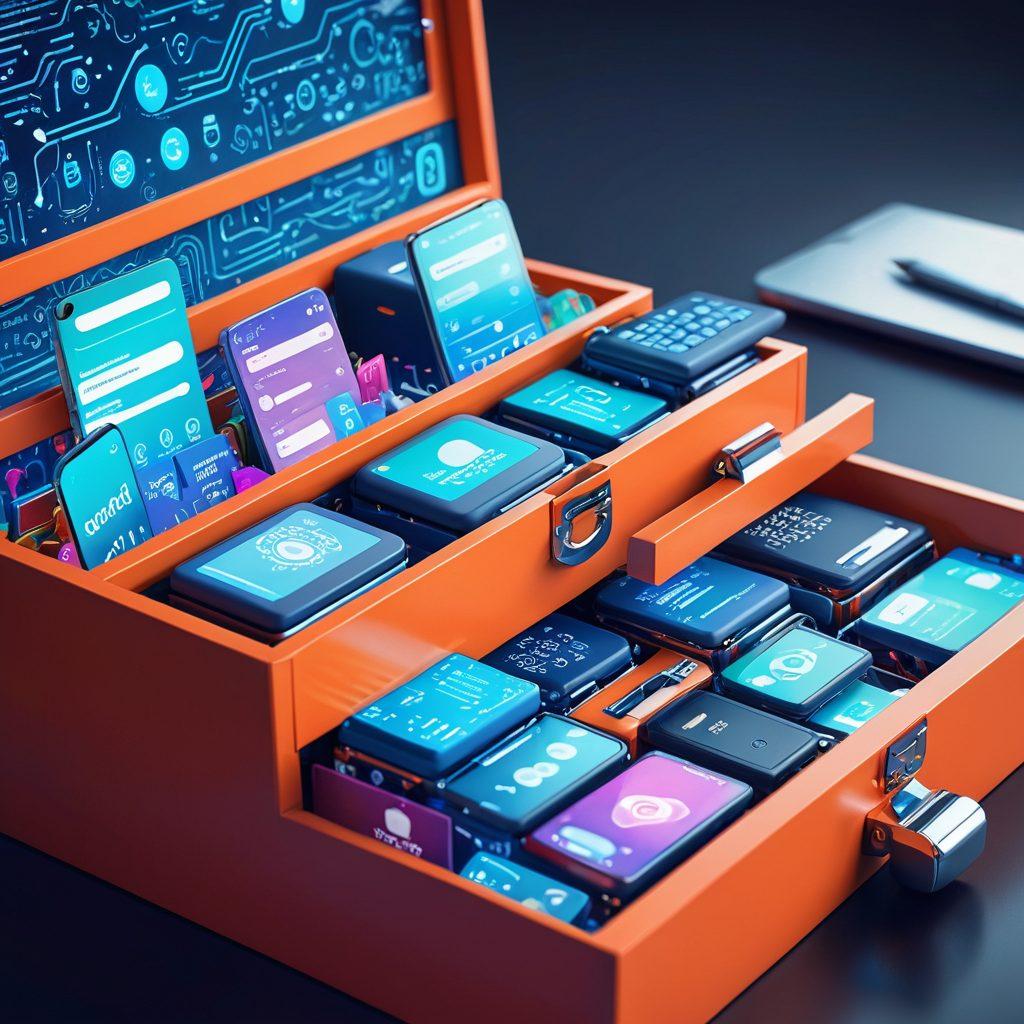 An open toolbox overflowing with digital icons representing insurance solutions, such as quotes, policy documents, and claims forms. Surrounding the toolbox are abstract representations of technology, like circuit patterns and binary code, symbolizing the digital landscape. The background features a blend of bright colors to convey innovation and clarity. Include elements indicating user engagement, like hands interacting with digital devices. vibrant colors. 3D.